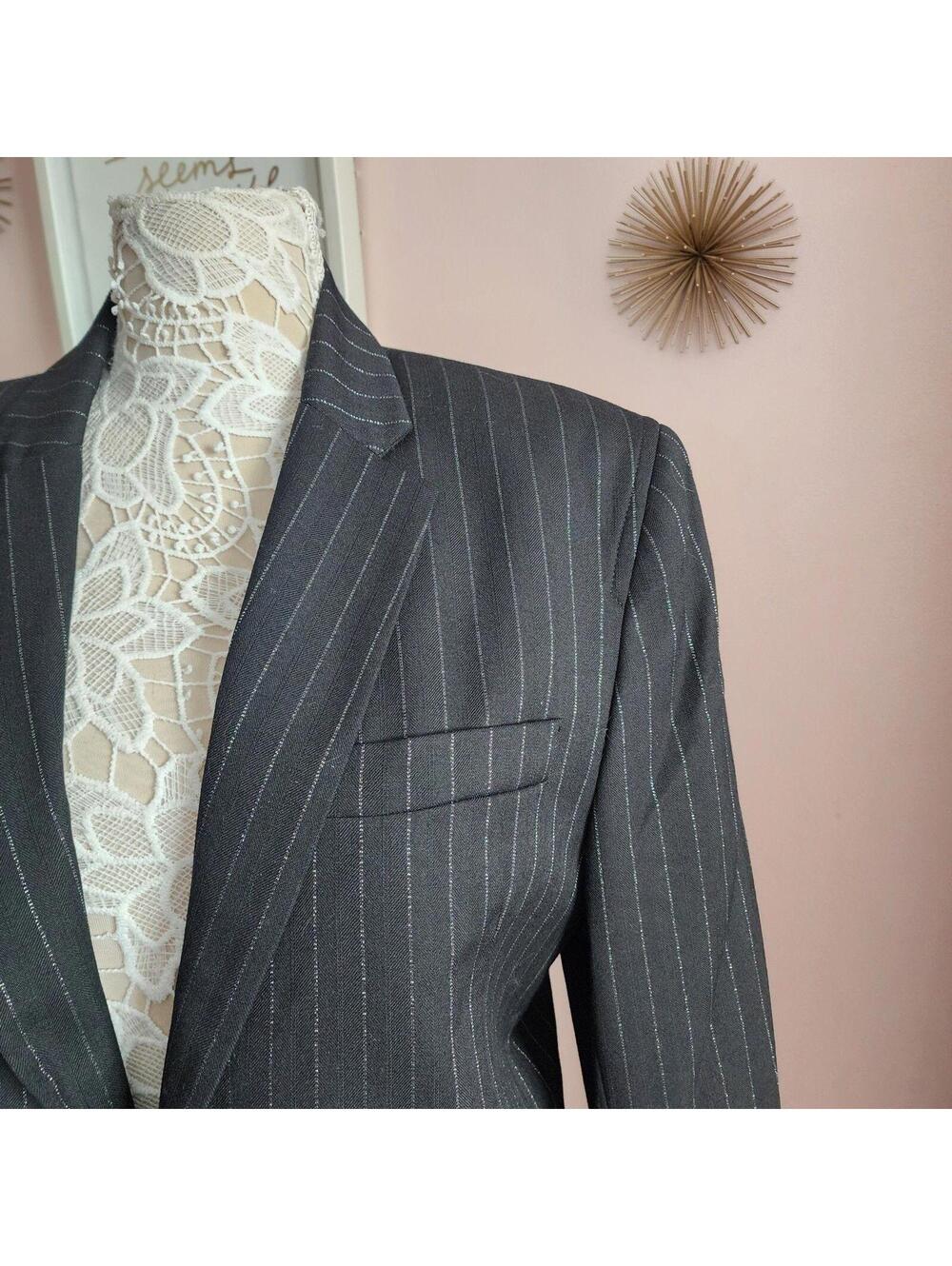 GRIFFIN Melbourne Black Pinstripe Long Wool Blazer Metallic Thread M L - Picture 9 of 9